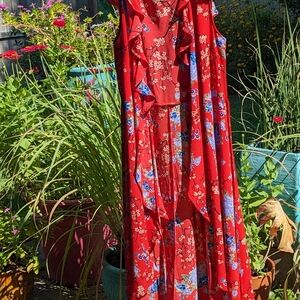 Red wrap floral dress, EUC By Magnolia Skye